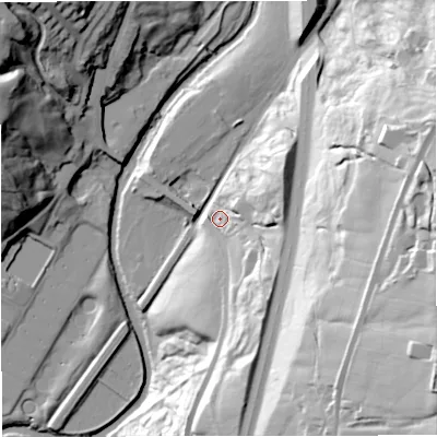 Shaded relief map of the ground around BB46JY, computed from Environment Agency LiDAR. The ground here sits at about 156 m above sea level and falls 80 m across the surrounding 800 m. Surface water reaching this point runs off ground lying to the south-east, 24.3 m higher.
