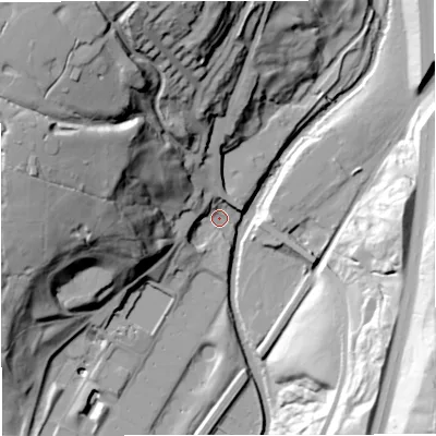 Shaded relief map of the ground around BB46LE, computed from Environment Agency LiDAR. The ground here sits at about 148 m above sea level and falls 57 m across the surrounding 800 m. Surface water reaching this point runs off ground lying to the west-north-west, 47.4 m higher.