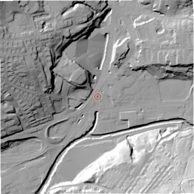 Shaded relief map of the ground around BB46QS, computed from Environment Agency LiDAR. The ground here sits at about 167 m above sea level and falls 63 m across the surrounding 800 m. Surface water reaching this point runs off ground lying to the west-north-west, 43.6 m higher.