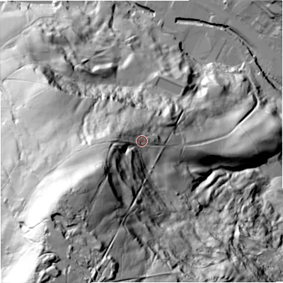 Shaded relief map of the ground around BB47AG, computed from Environment Agency LiDAR. The ground here sits at about 259 m above sea level and falls 177 m across the surrounding 800 m. Surface water reaching this point runs off ground lying to the south-west, 65.0 m higher.