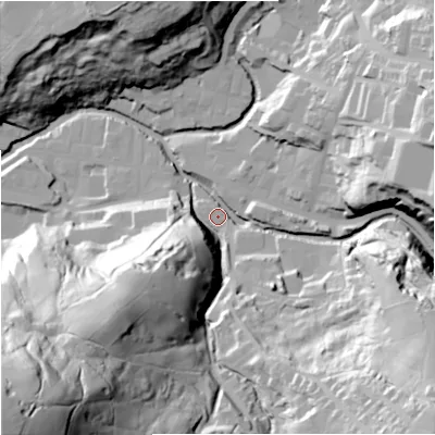 Shaded relief map of the ground around BB47AL, computed from Environment Agency LiDAR. The ground here sits at about 193 m above sea level and falls 120 m across the surrounding 800 m. Surface water reaching this point runs off ground lying to the south-east, 63.9 m higher.