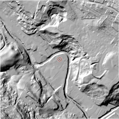Shaded relief map of the ground around BB47AP, computed from Environment Agency LiDAR. The ground here sits at about 182 m above sea level and falls 113 m across the surrounding 800 m. Surface water reaching this point runs off ground lying to the north-north-east, 0.7 m higher.