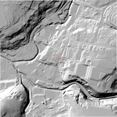 Shaded relief map of the ground around BB47AU, computed from Environment Agency LiDAR. The ground here sits at about 208 m above sea level and falls 60 m across the surrounding 800 m. Surface water reaching this point runs off ground lying to the east, 33.7 m higher.