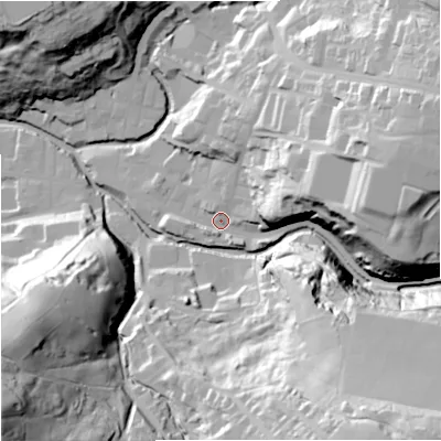 Shaded relief map of the ground around BB47AW, computed from Environment Agency LiDAR. The ground here sits at about 197 m above sea level and falls 73 m across the surrounding 800 m. Surface water reaching this point runs off ground lying to the east-north-east, 43.8 m higher.