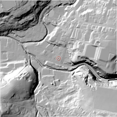 Shaded relief map of the ground around BB47AY, computed from Environment Agency LiDAR. The ground here sits at about 198 m above sea level and falls 78 m across the surrounding 800 m. Surface water reaching this point runs off ground lying to the north-east, 5.3 m higher.
