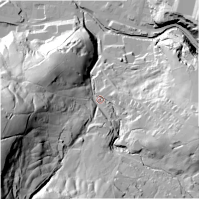 Shaded relief map of the ground around BB47DF, computed from Environment Agency LiDAR. The ground here sits at about 213 m above sea level and falls 125 m across the surrounding 800 m. Surface water reaching this point runs off ground lying to the west-south-west, 101.7 m higher.