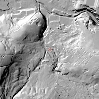 Shaded relief map of the ground around BB47DG, computed from Environment Agency LiDAR. The ground here sits at about 214 m above sea level and falls 119 m across the surrounding 800 m. Surface water reaching this point runs off ground lying to the south-south-west, 61.7 m higher.
