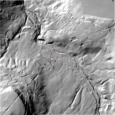 Shaded relief map of the ground around BB47DQ, computed from Environment Agency LiDAR. The ground here sits at about 231 m above sea level and falls 134 m across the surrounding 800 m. Surface water reaching this point runs off ground lying to the south-west, 110.4 m higher.