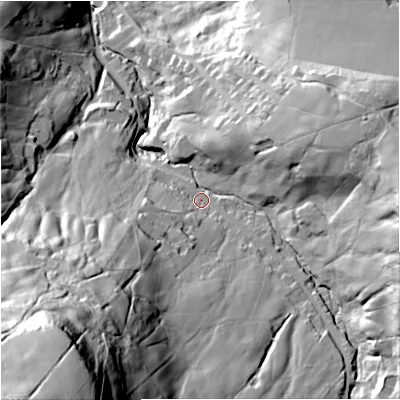 Shaded relief map of the ground around BB47DS, computed from Environment Agency LiDAR. The ground here sits at about 230 m above sea level and falls 136 m across the surrounding 800 m. Surface water reaching this point runs off ground lying to the east, 42.1 m higher.