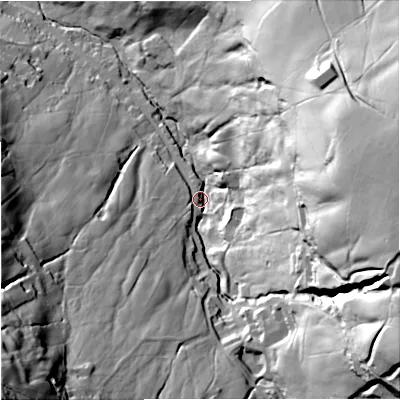Shaded relief map of the ground around BB47EA, computed from Environment Agency LiDAR. The ground here sits at about 243 m above sea level and falls 103 m across the surrounding 800 m. Surface water reaching this point runs off ground lying to the east-south-east, 82.6 m higher.