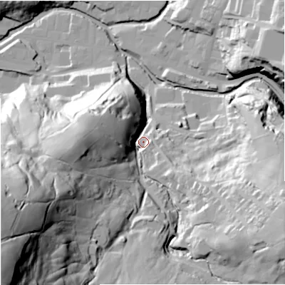 Shaded relief map of the ground around BB47EL, computed from Environment Agency LiDAR. The ground here sits at about 205 m above sea level and falls 131 m across the surrounding 800 m. Surface water reaching this point runs off ground lying to the south-west, 114.7 m higher.