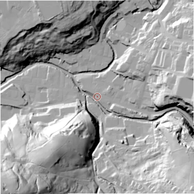 Shaded relief map of the ground around BB47EU, computed from Environment Agency LiDAR. The ground here sits at about 194 m above sea level and falls 112 m across the surrounding 800 m. Surface water reaching this point runs off ground lying to the south-east, 60.8 m higher.