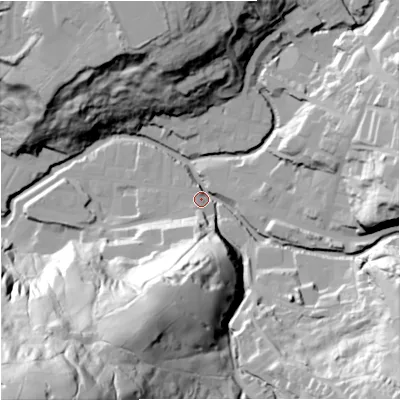 Shaded relief map of the ground around BB47EZ, computed from Environment Agency LiDAR. The ground here sits at about 192 m above sea level and falls 119 m across the surrounding 800 m. Surface water reaching this point runs off ground lying to the south-south-west, 92.6 m higher.