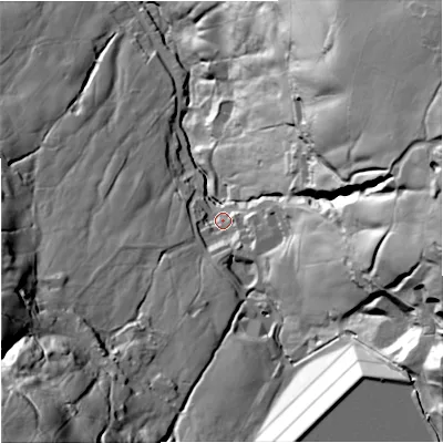 Shaded relief map of the ground around BB47FE, computed from Environment Agency LiDAR. The ground here sits at about 259 m above sea level and falls 122 m across the surrounding 800 m. Surface water reaching this point runs off ground lying to the south-east, 78.6 m higher.