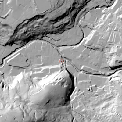 Shaded relief map of the ground around BB47HA, computed from Environment Agency LiDAR. The ground here sits at about 192 m above sea level and falls 121 m across the surrounding 800 m. Surface water reaching this point runs off ground lying to the south-south-west, 95.7 m higher.