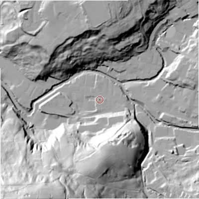Shaded relief map of the ground around BB47HB, computed from Environment Agency LiDAR. The ground here sits at about 191 m above sea level and falls 119 m across the surrounding 800 m. Surface water reaching this point runs off ground lying to the south-east, 22.7 m higher.