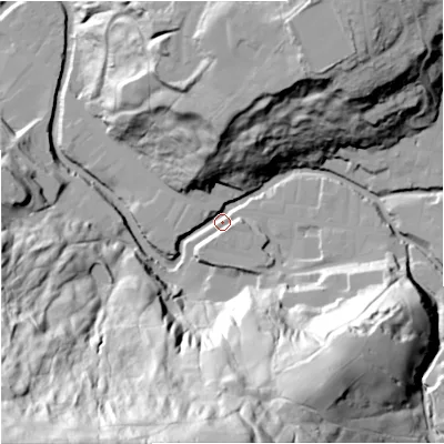 Shaded relief map of the ground around BB47HF, computed from Environment Agency LiDAR. The ground here sits at about 188 m above sea level and falls 122 m across the surrounding 800 m. Surface water reaching this point runs off ground lying to the south, 84.3 m higher.