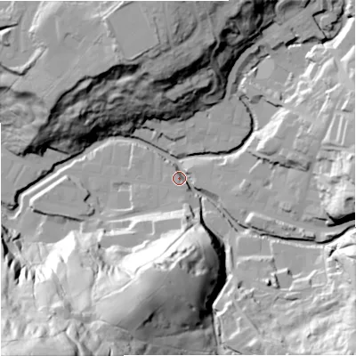 Shaded relief map of the ground around BB47HH, computed from Environment Agency LiDAR. The ground here sits at about 192 m above sea level and falls 109 m across the surrounding 800 m. Surface water reaching this point runs off ground lying to the south-south-west, 79.3 m higher.