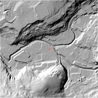 Shaded relief map of the ground around BB47HL, computed from Environment Agency LiDAR. The ground here sits at about 191 m above sea level and falls 99 m across the surrounding 800 m. Surface water reaching this point runs off ground lying to the south-east, 2.9 m higher.