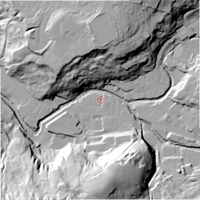Shaded relief map of the ground around BB47HN, computed from Environment Agency LiDAR. The ground here sits at about 190 m above sea level and falls 87 m across the surrounding 800 m. Surface water reaching this point runs off ground lying to the south-east, 2.1 m higher.