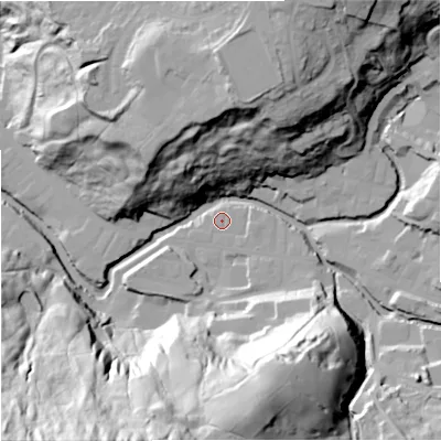 Shaded relief map of the ground around BB47HP, computed from Environment Agency LiDAR. The ground here sits at about 190 m above sea level and falls 92 m across the surrounding 800 m. Surface water reaching this point runs off ground lying to the east-south-east, 2.3 m higher.