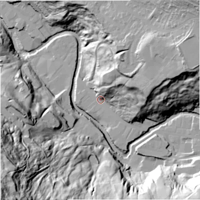 Shaded relief map of the ground around BB47JA, computed from Environment Agency LiDAR. The ground here sits at about 187 m above sea level and falls 116 m across the surrounding 800 m. Surface water reaching this point runs off ground lying to the east-north-east, 46.0 m higher.