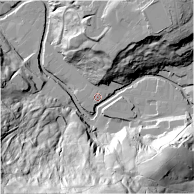 Shaded relief map of the ground around BB47JF, computed from Environment Agency LiDAR. The ground here sits at about 189 m above sea level and falls 124 m across the surrounding 800 m. Surface water reaching this point runs off ground lying to the south-south-west, 0.8 m higher.