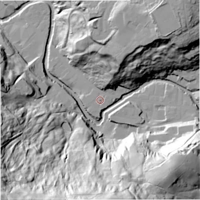 Shaded relief map of the ground around BB47JG, computed from Environment Agency LiDAR. The ground here sits at about 189 m above sea level and falls 124 m across the surrounding 800 m. Surface water reaching this point runs off ground lying to the south, 1.2 m higher.