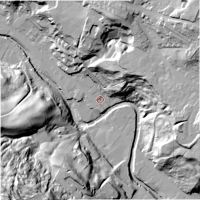 Shaded relief map of the ground around BB47JJ, computed from Environment Agency LiDAR. The ground here sits at about 180 m above sea level and falls 110 m across the surrounding 800 m. Surface water reaching this point runs off ground lying to the north-east, 34.9 m higher.