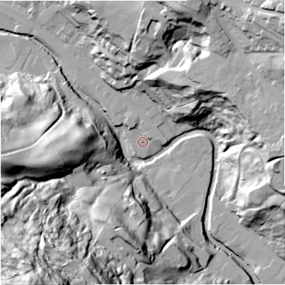 Shaded relief map of the ground around BB47JL, computed from Environment Agency LiDAR. The ground here sits at about 179 m above sea level and falls 127 m across the surrounding 800 m. Surface water reaching this point runs off ground lying to the north-north-west, 2.9 m higher.