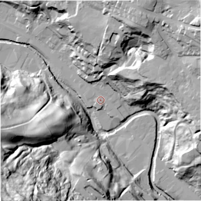 Shaded relief map of the ground around BB47JN, computed from Environment Agency LiDAR. The ground here sits at about 181 m above sea level and falls 112 m across the surrounding 800 m. Surface water reaching this point runs off ground lying to the east-north-east, 35.7 m higher.