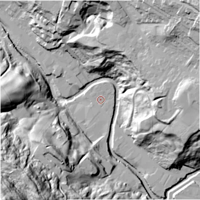 Shaded relief map of the ground around BB47JP, computed from Environment Agency LiDAR. The ground here sits at about 182 m above sea level and falls 120 m across the surrounding 800 m. Surface water reaching this point runs off ground lying to the south-south-east, 1.6 m higher.