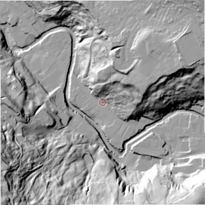 Shaded relief map of the ground around BB47JQ, computed from Environment Agency LiDAR. The ground here sits at about 187 m above sea level and falls 113 m across the surrounding 800 m. Surface water reaching this point runs off ground lying to the east-north-east, 45.4 m higher.