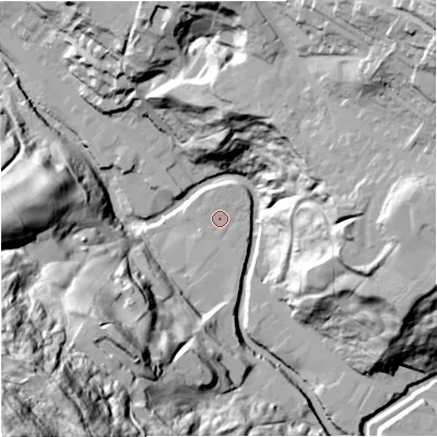 Shaded relief map of the ground around BB47JR, computed from Environment Agency LiDAR. The ground here sits at about 182 m above sea level and falls 119 m across the surrounding 800 m. Surface water reaching this point runs off ground lying to the south-south-east, 1.5 m higher.