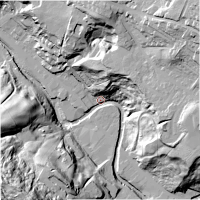 Shaded relief map of the ground around BB47JX, computed from Environment Agency LiDAR. The ground here sits at about 180 m above sea level and falls 105 m across the surrounding 800 m. Surface water reaching this point runs off ground lying to the east, 50.8 m higher.