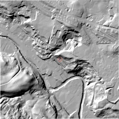 Shaded relief map of the ground around BB47JZ, computed from Environment Agency LiDAR. The ground here sits at about 189 m above sea level and falls 86 m across the surrounding 800 m. Surface water reaching this point runs off ground lying to the east, 31.1 m higher.