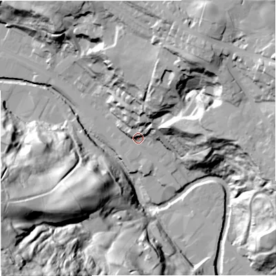 Shaded relief map of the ground around BB47LF, computed from Environment Agency LiDAR. The ground here sits at about 182 m above sea level and falls 100 m across the surrounding 800 m. Surface water reaching this point runs off ground lying to the north-east, 56.0 m higher.