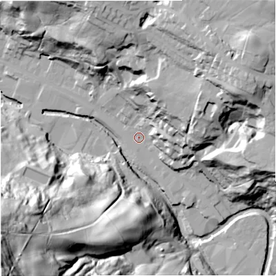 Shaded relief map of the ground around BB47LG, computed from Environment Agency LiDAR. The ground here sits at about 179 m above sea level and falls 115 m across the surrounding 800 m. Surface water reaching this point runs off ground lying to the east-north-east, 46.7 m higher.