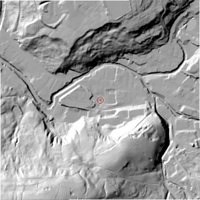 Shaded relief map of the ground around BB47LR, computed from Environment Agency LiDAR. The ground here sits at about 189 m above sea level and falls 132 m across the surrounding 800 m. Surface water reaching this point runs off ground lying to the south-south-west, 108.9 m higher.