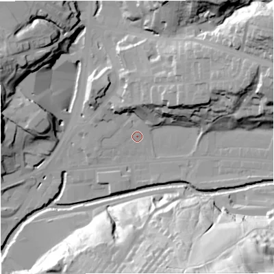 Shaded relief map of the ground around BB47LS, computed from Environment Agency LiDAR. The ground here sits at about 168 m above sea level and falls 66 m across the surrounding 800 m. Surface water reaching this point runs off ground lying to the east-north-east, 28.9 m higher.