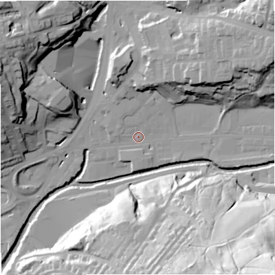 Shaded relief map of the ground around BB47LY, computed from Environment Agency LiDAR. The ground here sits at about 167 m above sea level and falls 89 m across the surrounding 800 m. Surface water reaching this point runs off ground lying to the north-east, 29.4 m higher.
