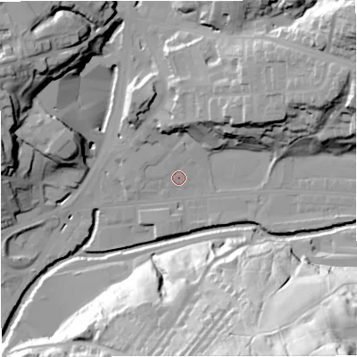Shaded relief map of the ground around BB47NA, computed from Environment Agency LiDAR. The ground here sits at about 168 m above sea level and falls 80 m across the surrounding 800 m. Surface water reaching this point runs off ground lying to the north-north-west, 4.3 m higher.