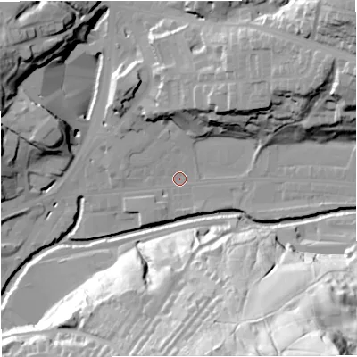 Shaded relief map of the ground around BB47NB, computed from Environment Agency LiDAR. The ground here sits at about 167 m above sea level and falls 91 m across the surrounding 800 m. Surface water reaching this point runs off ground lying to the east-north-east, 32.1 m higher.