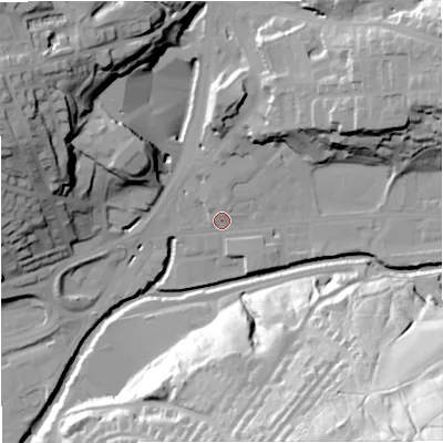 Shaded relief map of the ground around BB47ND, computed from Environment Agency LiDAR. The ground here sits at about 167 m above sea level and falls 83 m across the surrounding 800 m. Surface water reaching this point runs off ground lying to the north-east, 27.1 m higher.