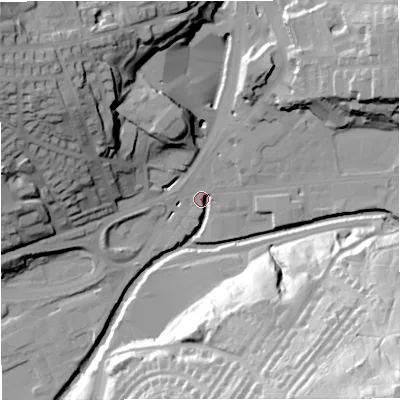 Shaded relief map of the ground around BB47NG, computed from Environment Agency LiDAR. The ground here sits at about 166 m above sea level and falls 73 m across the surrounding 800 m. Surface water reaching this point runs off ground lying to the north-east, 26.9 m higher.