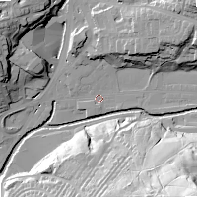 Shaded relief map of the ground around BB47NH, computed from Environment Agency LiDAR. The ground here sits at about 167 m above sea level and falls 97 m across the surrounding 800 m. Surface water reaching this point runs off ground lying to the east-north-east, 29.7 m higher.