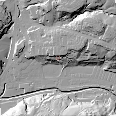 Shaded relief map of the ground around BB47NN, computed from Environment Agency LiDAR. The ground here sits at about 181 m above sea level and falls 51 m across the surrounding 800 m. Surface water reaching this point runs off ground lying to the north-east, 10.9 m higher.