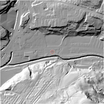 Shaded relief map of the ground around BB47NQ, computed from Environment Agency LiDAR. The ground here sits at about 168 m above sea level and falls 98 m across the surrounding 800 m. Surface water reaching this point runs off ground lying to the east, 5.0 m higher.