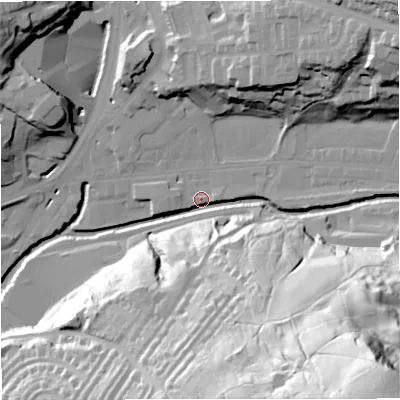 Shaded relief map of the ground around BB47NS, computed from Environment Agency LiDAR. The ground here sits at about 168 m above sea level and falls 102 m across the surrounding 800 m. Surface water reaching this point runs off ground lying to the south-east, 98.7 m higher.