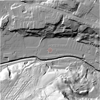 Shaded relief map of the ground around BB47NW, computed from Environment Agency LiDAR. The ground here sits at about 170 m above sea level and falls 93 m across the surrounding 800 m. Surface water reaching this point runs off ground lying to the east-north-east, 38.2 m higher.